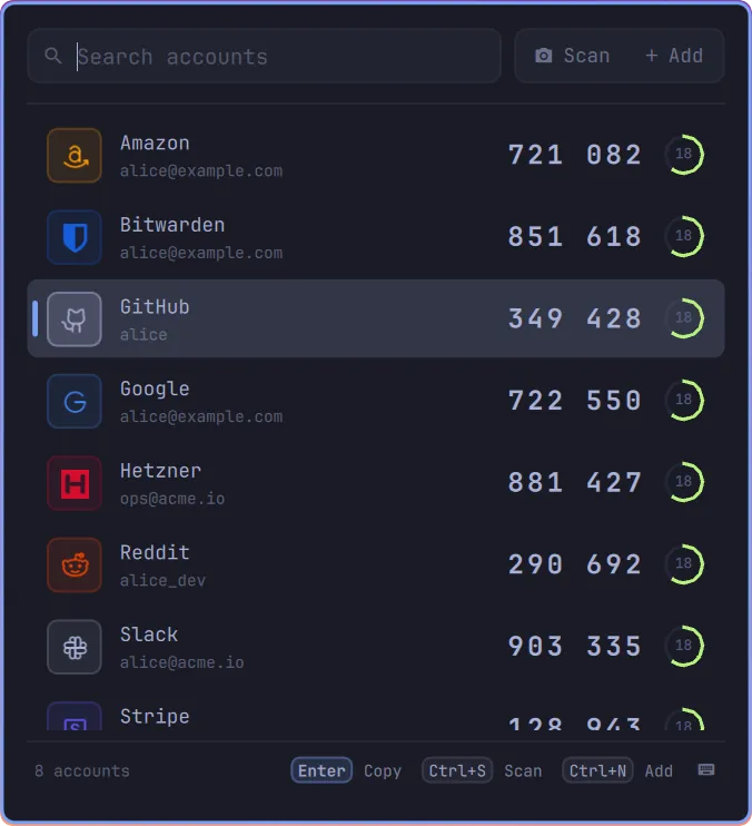 Sesame-Popup mit einer Liste von Konten, jedes mit Logo, sechsstelligem Code und ablaufendem Zeitring.